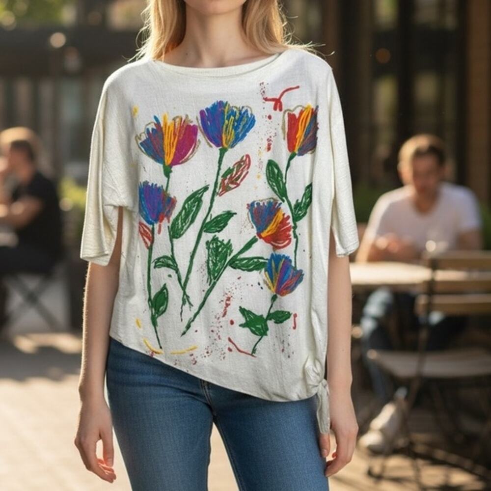 Vintage Copy-Cats Made in the USA Hand Painted Gauze Side Tie Pull over Blouse